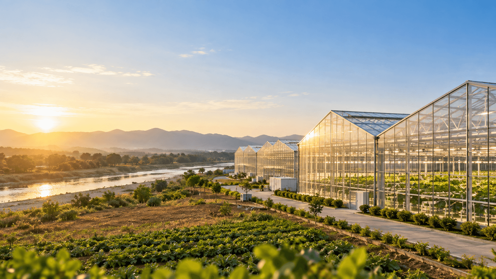 Glass greenhouses beside a river at sunrise, with crop rows in the foreground